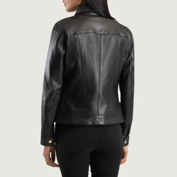 Women'S Black Classic Collar Leather Biker Jacket Back View