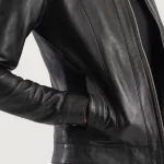 Women's Black Classic Collar Leather Biker Jacket Close View