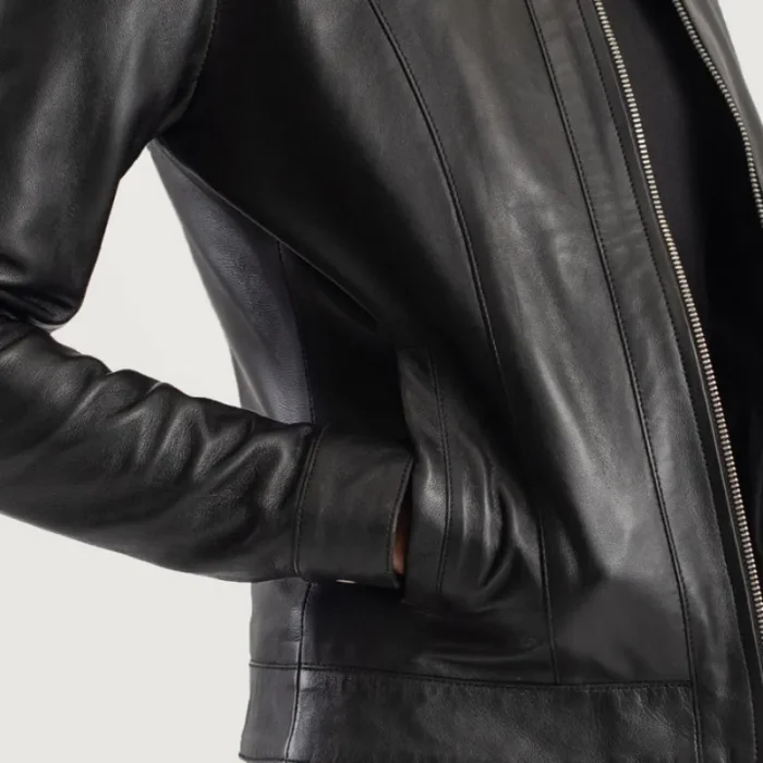 Women'S Black Classic Collar Leather Biker Jacket Close View