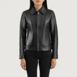 Women's Black Classic Collar Leather Biker Jacket Front Women's Black Classic Collar Leather Biker Jacket Front View