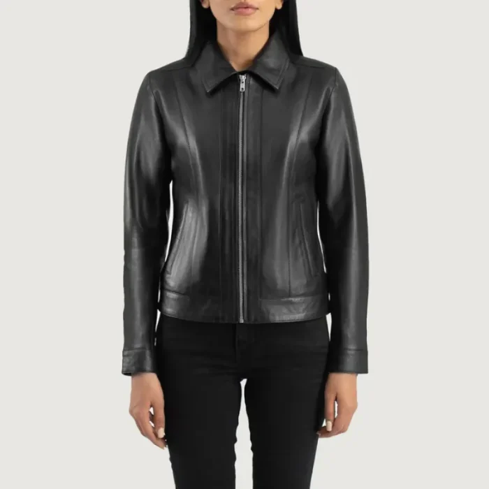 Women'S Black Classic Collar Leather Biker Jacket Front Women'S Black Classic Collar Leather Biker Jacket Front View