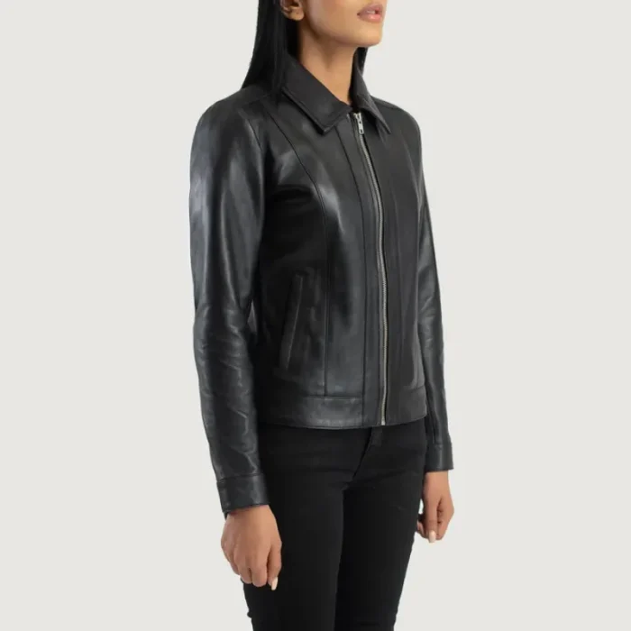 Women'S Black Classic Collar Leather Biker Jacket Side View