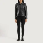Women's Black Classic Collar Leather Biker Jacket Wearing look