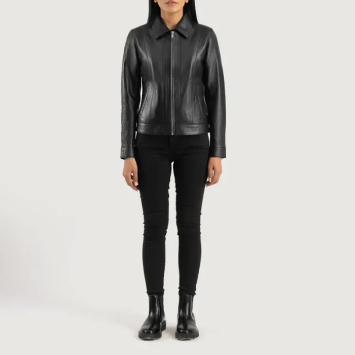 Women'S Black Classic Collar Leather Biker Jacket Wearing Look