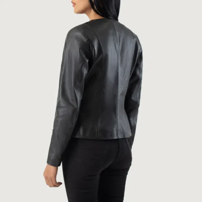 Women'S Black Collarless Leather Biker Jacket Back View