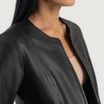 Women's Black Collarless Leather Biker Jacket Close View