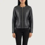 Women's Black Collarless Leather Biker Jacket Front View