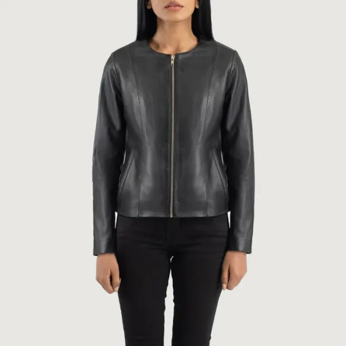 Women'S Black Collarless Leather Biker Jacket Front View