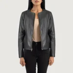 Women's Black Collarless Leather Biker Jacket
