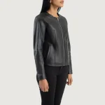 Women's Black Collarless Leather Biker Jacket Side View