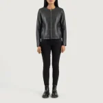 Women's Black Collarless Leather Biker Jacket Wearing look