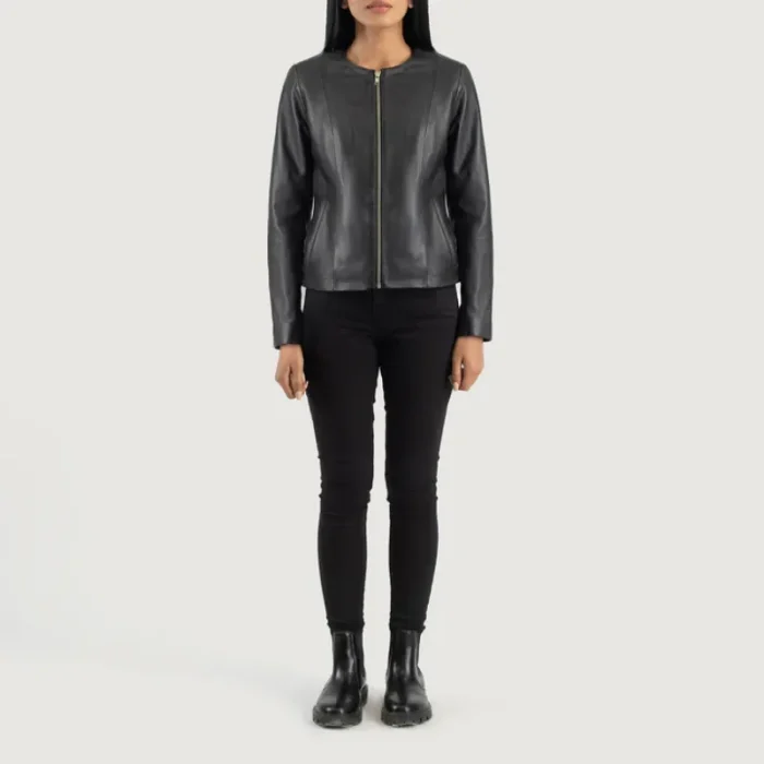 Women'S Black Collarless Leather Biker Jacket Wearing Look