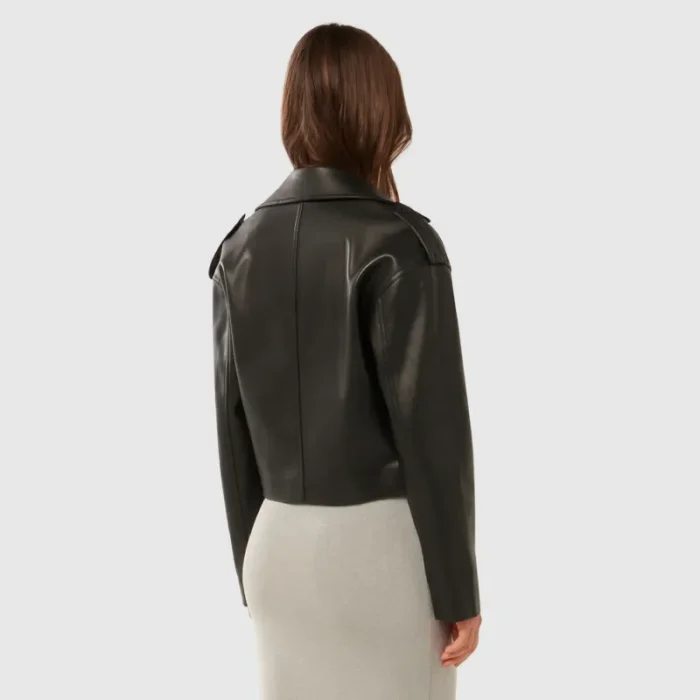 Women'S Black Cropped Trench Faux Leather Jacket Back