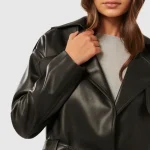 Women's Black Cropped Trench Faux Leather Jacket Close Up