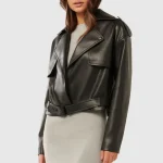 Women's Black Cropped Trench Faux Leather Jacket Side