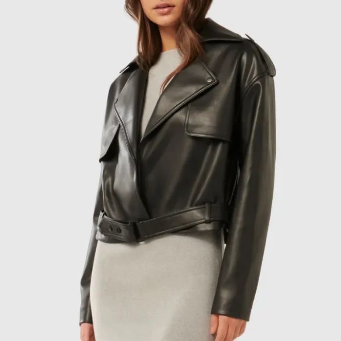 Women'S Black Cropped Trench Faux Leather Jacket Side