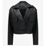 Women's Black Cropped Trench Faux Leather Jacket View