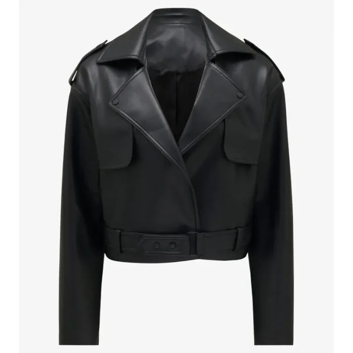 Women'S Black Cropped Trench Faux Leather Jacket View