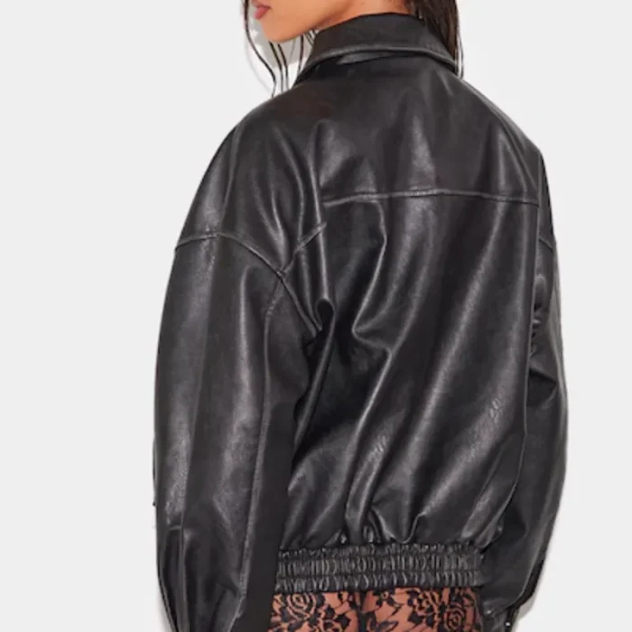 Women'S Black Faux Leather Oversized Longline Bomber Jacket Back