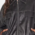 Women's Black Faux Leather Oversized Longline Bomber Jacket Close Up