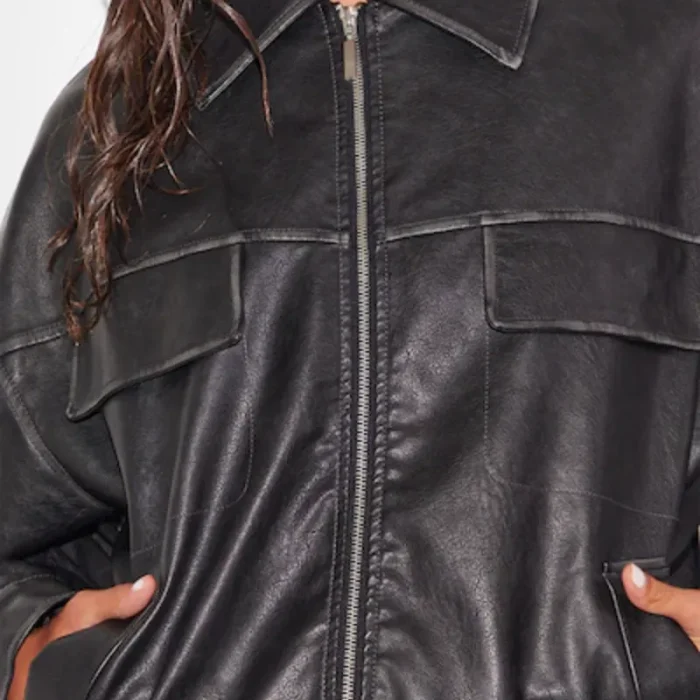 Women'S Black Faux Leather Oversized Longline Bomber Jacket Close Up