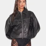 Women's Black Faux Leather Oversized Longline Bomber Jacket