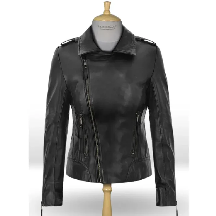 Women'S Black Jennifer Aniston Biker Leather Jacket Front