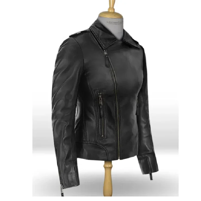 Women'S Black Jennifer Aniston Biker Leather Jacket Side