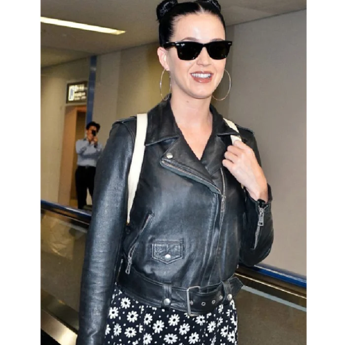 Women'S Black Katy Perry Leather Jacket Front - Luxide