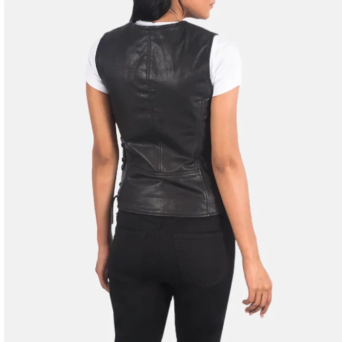 Women'S Black Leather Biker Vest Back