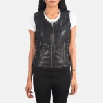 Women's Black Leather Biker Vest Front View