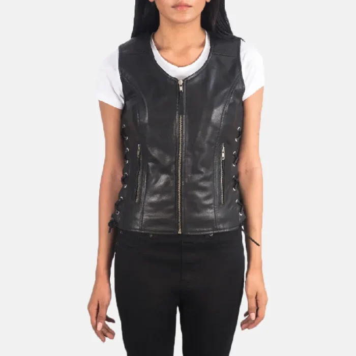 Women'S Black Leather Biker Vest Front View