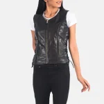Women's Black Leather Biker Vest Look