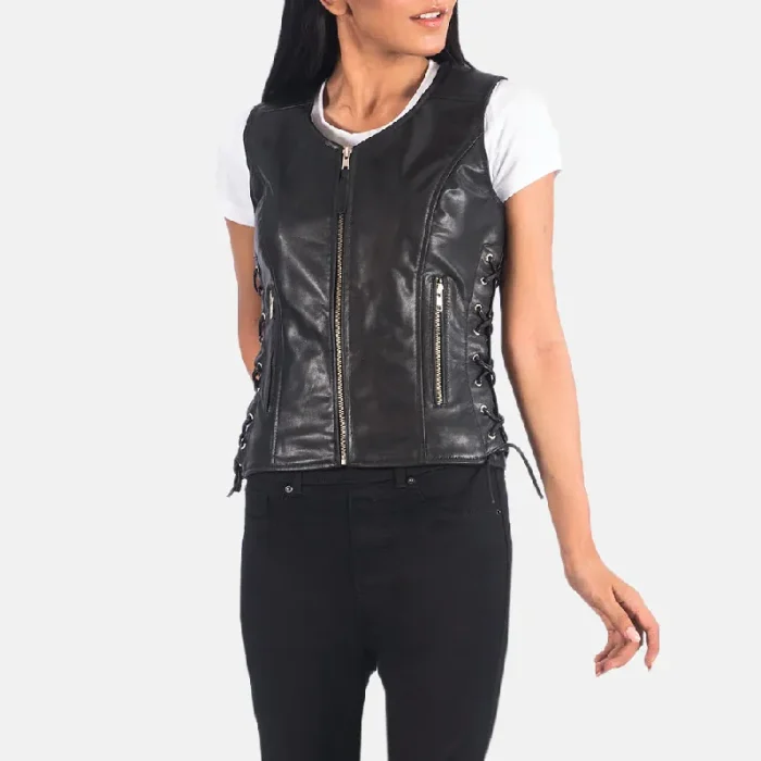 Women'S Black Leather Biker Vest Look