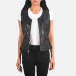 Women's Black Leather Side-Lace Biker Vest