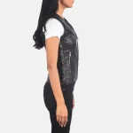 Women's Black Leather Biker Vest Side