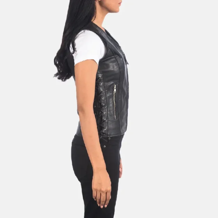 Women'S Black Leather Biker Vest Side