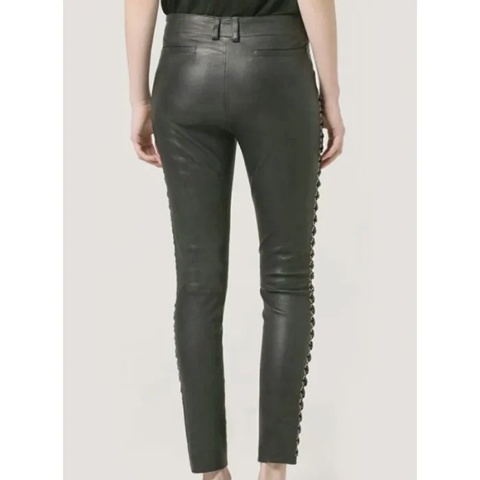 Women'S Black Leather Lace-Up Pants Back View