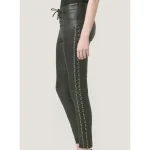 Women's Black Leather Lace-Up Pants Side View