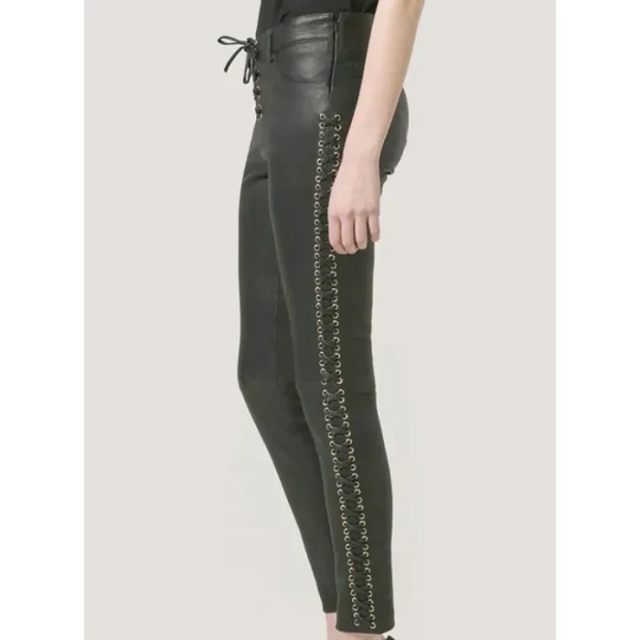 Women'S Black Leather Lace-Up Pants Side View