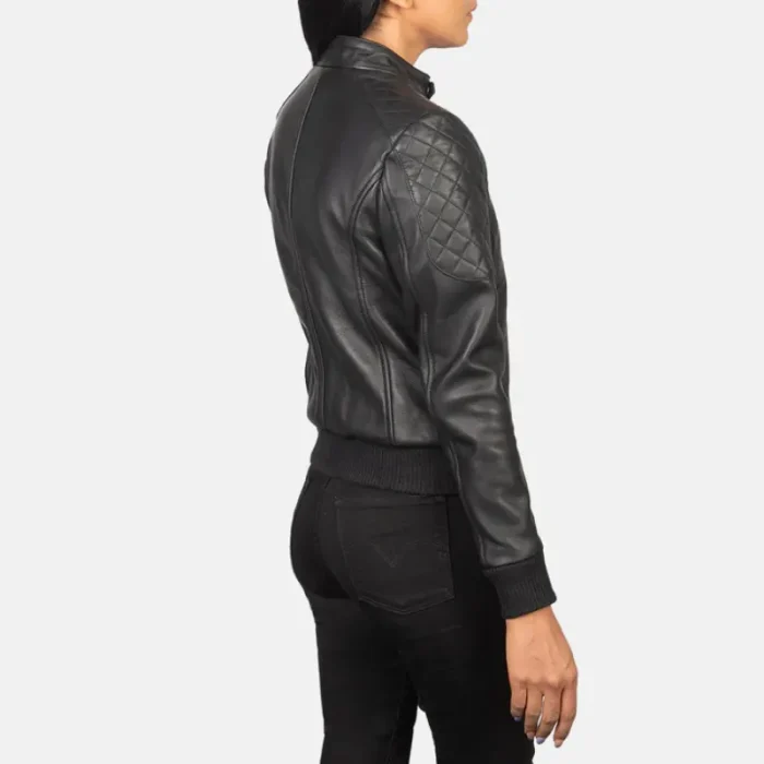 Women'S Black Leather Zipper Bomber Jacket Back View