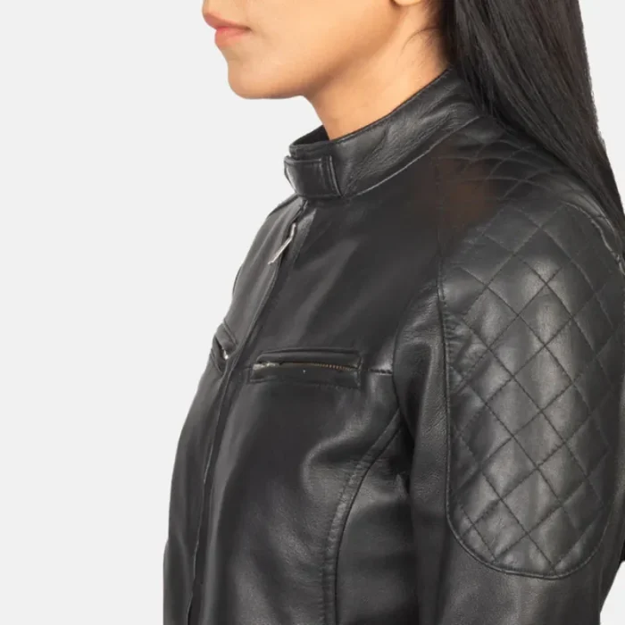 Women'S Black Leather Zipper Bomber Jacket Close View
