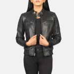 Women's Black Leather Zipper Bomber Jacket