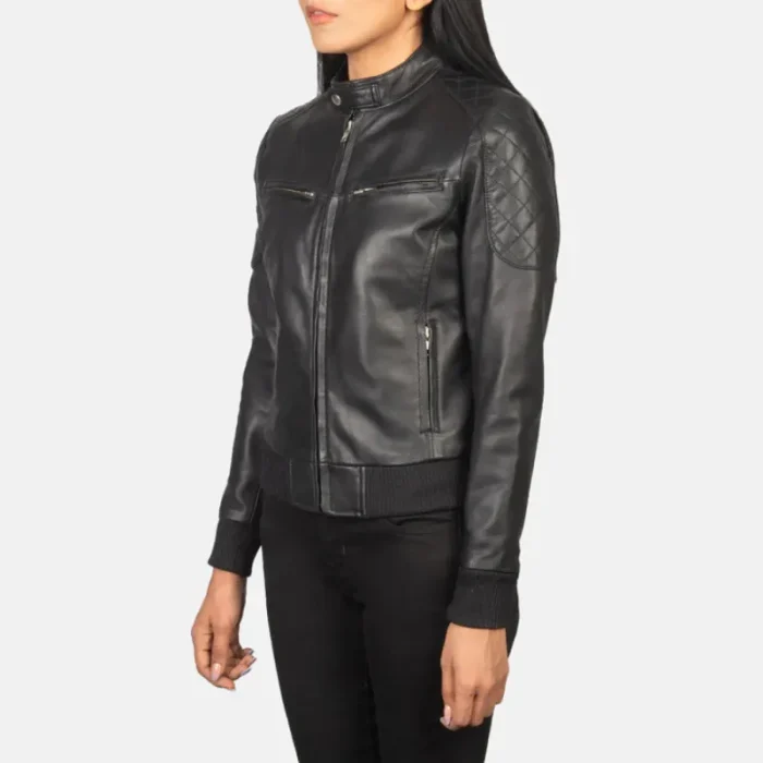 Women'S Black Leather Zipper Bomber Jacket Side View