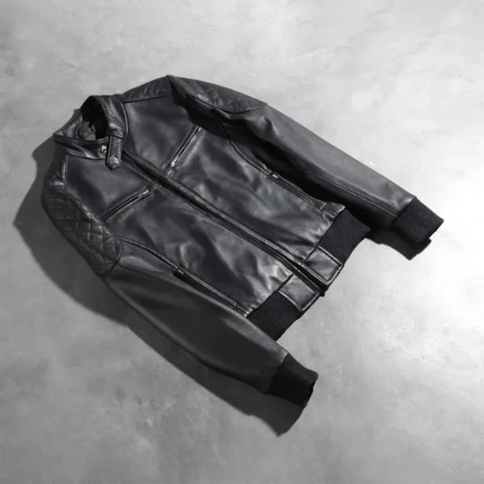 Women'S Black Leather Zipper Bomber Jacket View