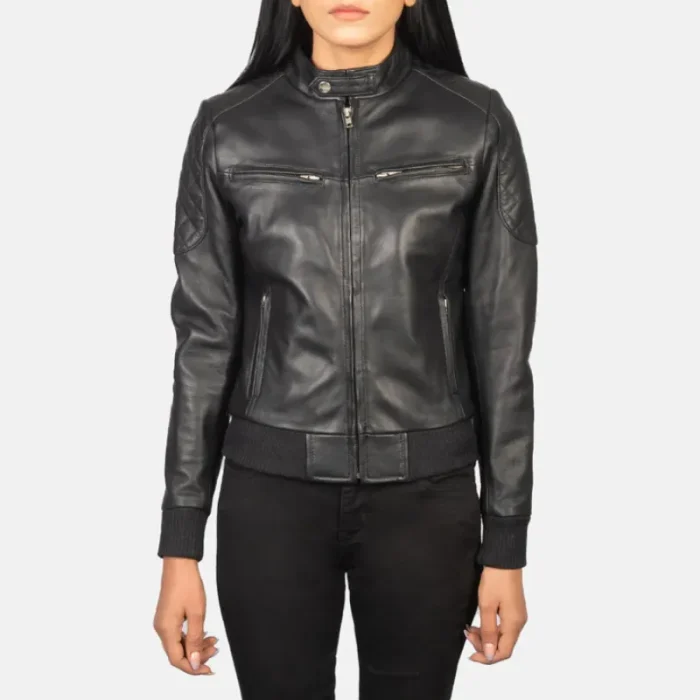 Women'S Black Leather Zipper Bomber Jacket Wearing Look