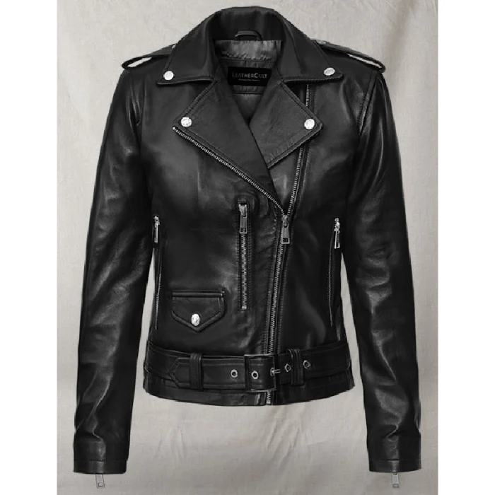 Women'S Black Lucy Hale Napa Leather Jacket Front