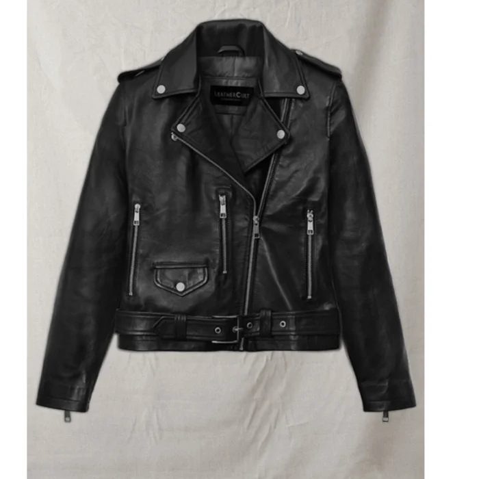 Women'S Black Lucy Hale Napa Leather Jacket Front Up