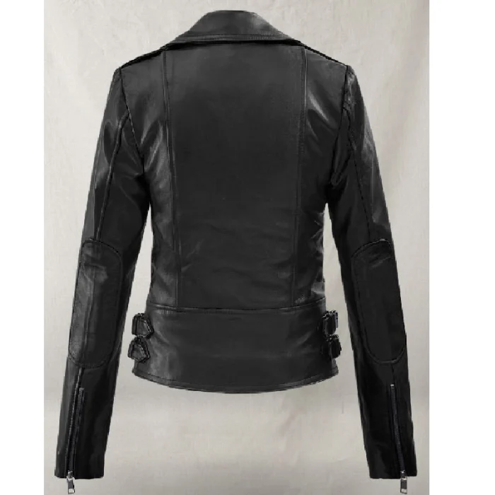 Women'S Black Scarlett Johansson Biker Leather Jacket Back