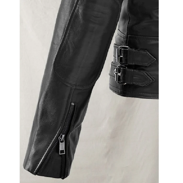 Women'S Black Scarlett Johansson Biker Leather Jacket Close Up